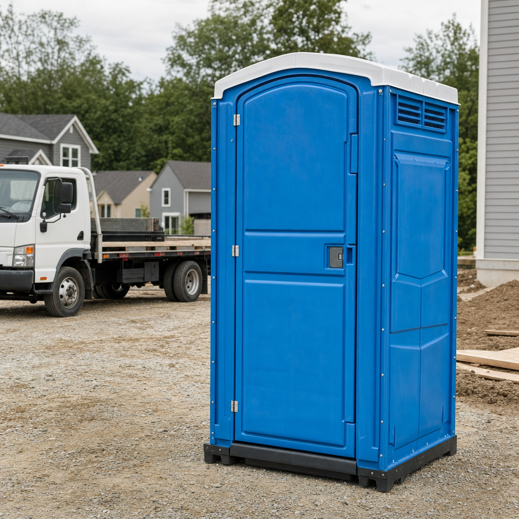 Delivery driver positioning a clean royal-blue portable toilet on level ground at a Pensacola worksite