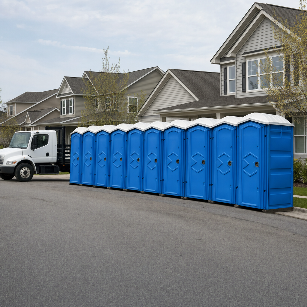 Royal blue portable toilets staged in a tidy row at a Pensacola jobsite, ready for delivery